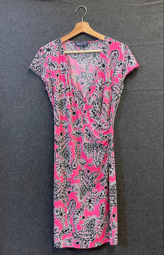Jones New York Signature Women's Pink Paisley Faux Wrap V-Neck Dress Sz S