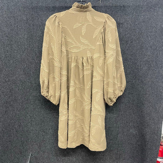 Umgee Women's Tan Jacquard Ruffle High Neck Balloon Sleeve Boho Dress Sz S