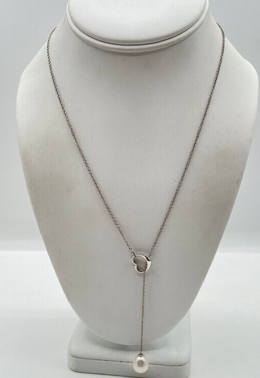 925 Sterling Silver Open Heart Pearl Lariat Necklace 5.1g