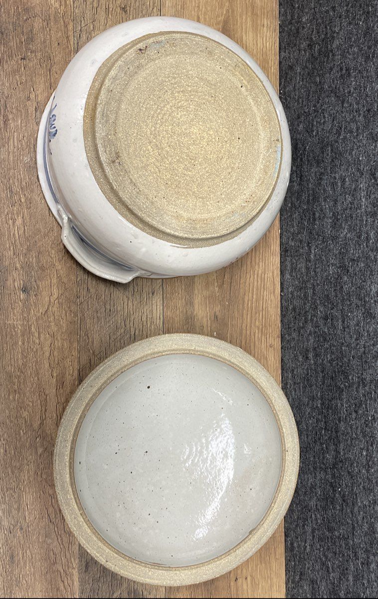 Vintage Studio Art Pottery Casserole Dish Lidded Stoneware Blue Floral Signed