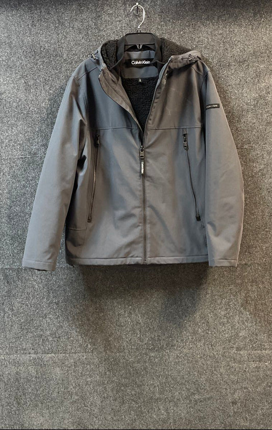 Calvin Klein Men's Gray Softshell Hooded Jacket Sherpa Faux Fur Lined Sz L