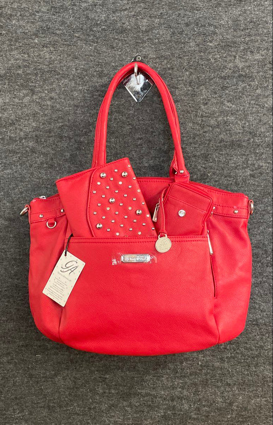 Grace Adele Red Pebbled Satchel Handbag with Studded Pouch & Wallet Set NWT
