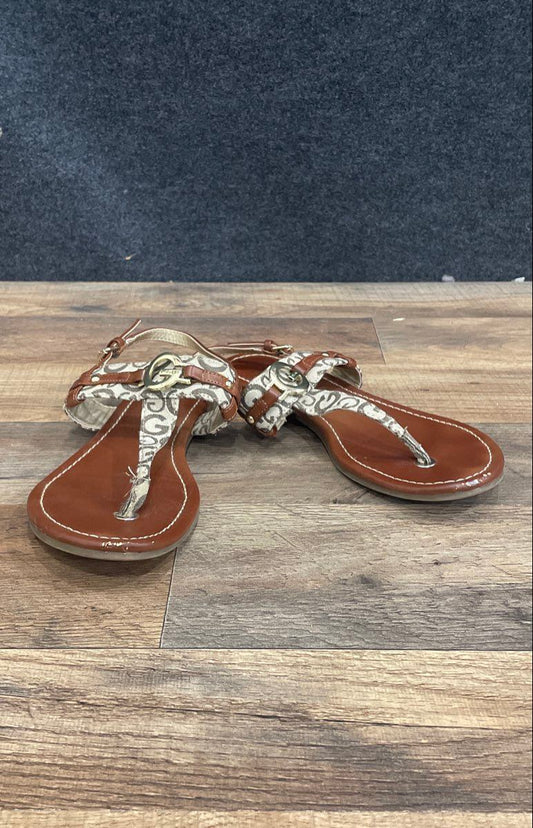 G By Guess Women's Brown Logo Canvas T-Strap Sandals Signature Gold G Size 8M