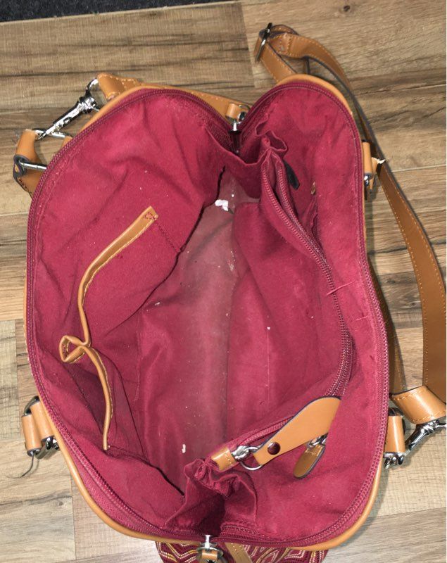 Giani Bernini Red Tan Graphic Canvas Satchel Crossbody Bag Leather Trim