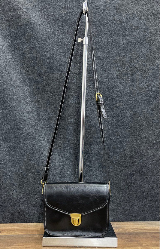 Black Leather Crossbody Bag Gold Hardware White Contrast Stitching Small