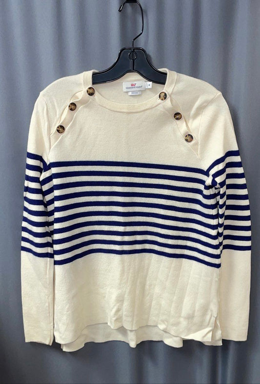 Vineyard Vines Women's Cream Navy Striped Shoulder Button Sweater M