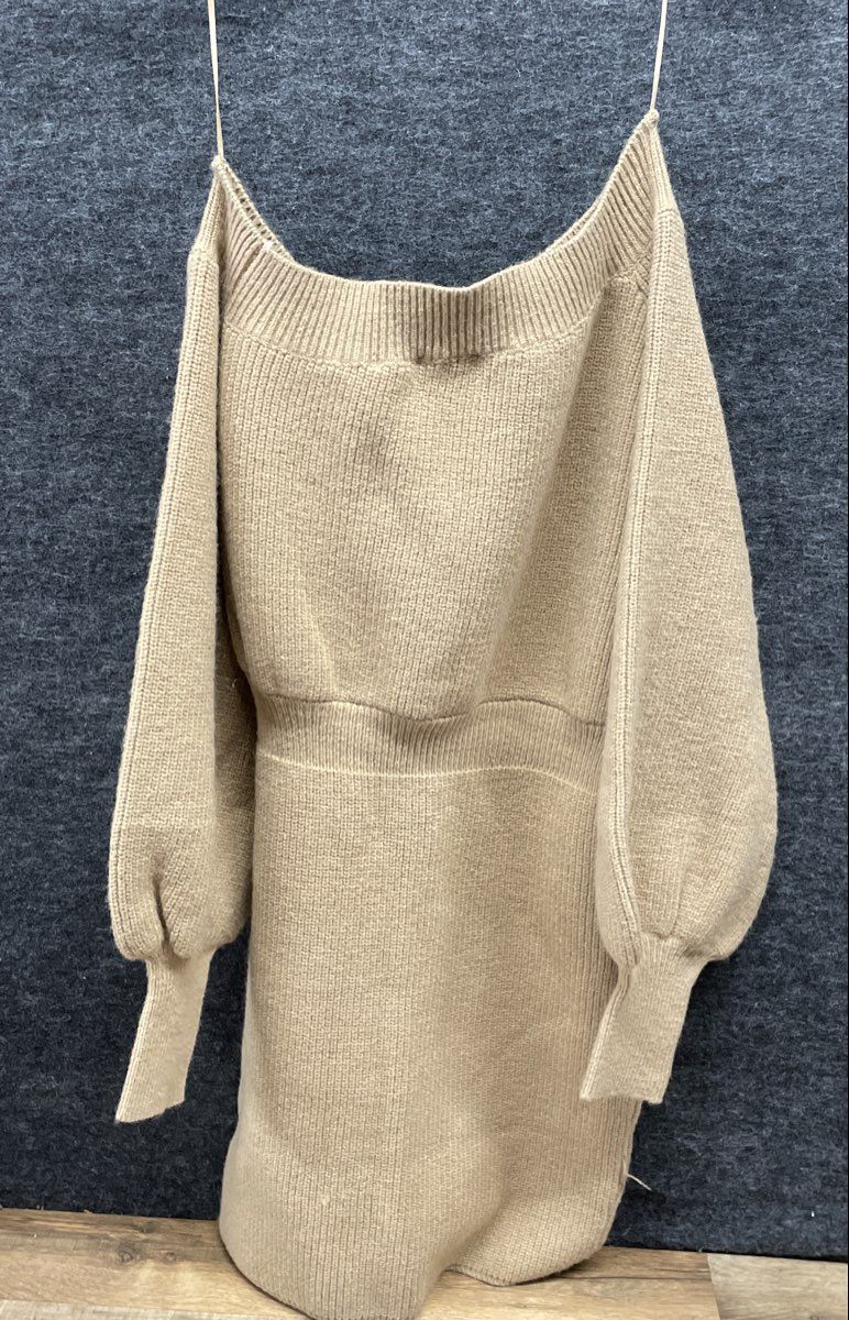 Line & Dot Women's Tan Off-the-Shoulder Ribbed Knit Sweater Dress Sz M NWT