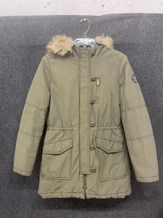American Eagle Women's Olive Sherpa Hooded Faux Fur Trim Parka Jacket Sz S