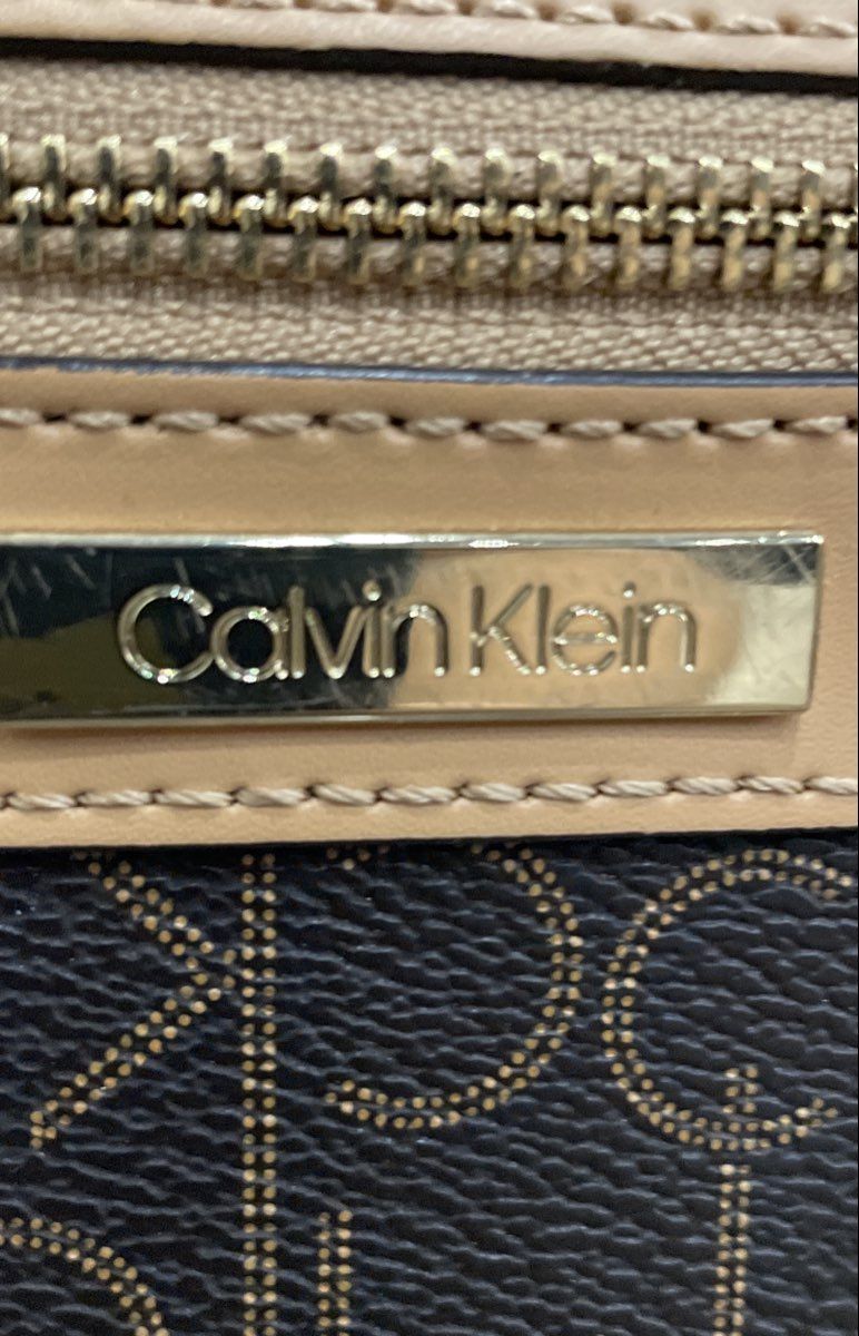 Calvin Klein Brown Monogram Canvas Crossbody Bag Tan Trim Gold Hardware