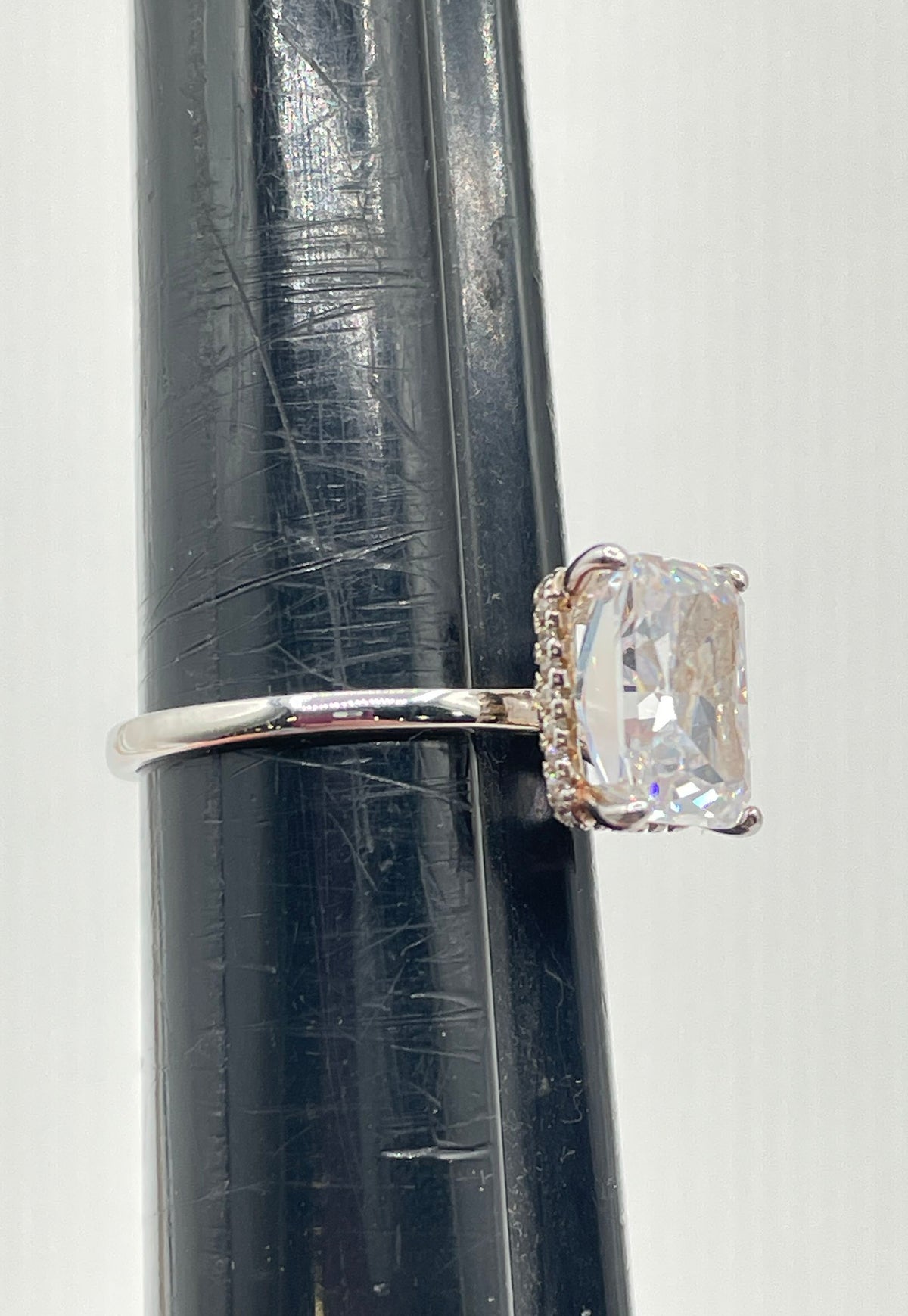 925 Sterling Silver Cushion-Cut CZ Hidden Halo Pavé Engagement Style Ring 3.6g