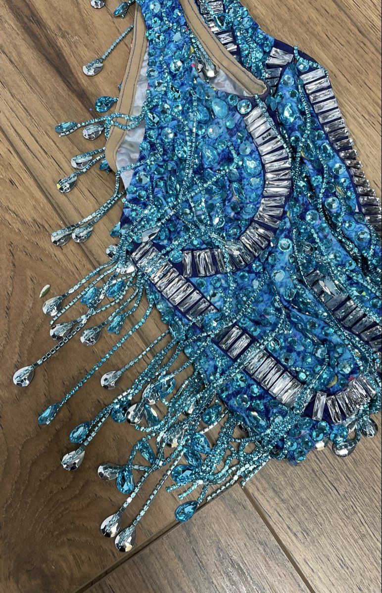 Women's Blue 2-Piece Performance Dance Outfit Beaded Rhinestone Fringe Set Sz S