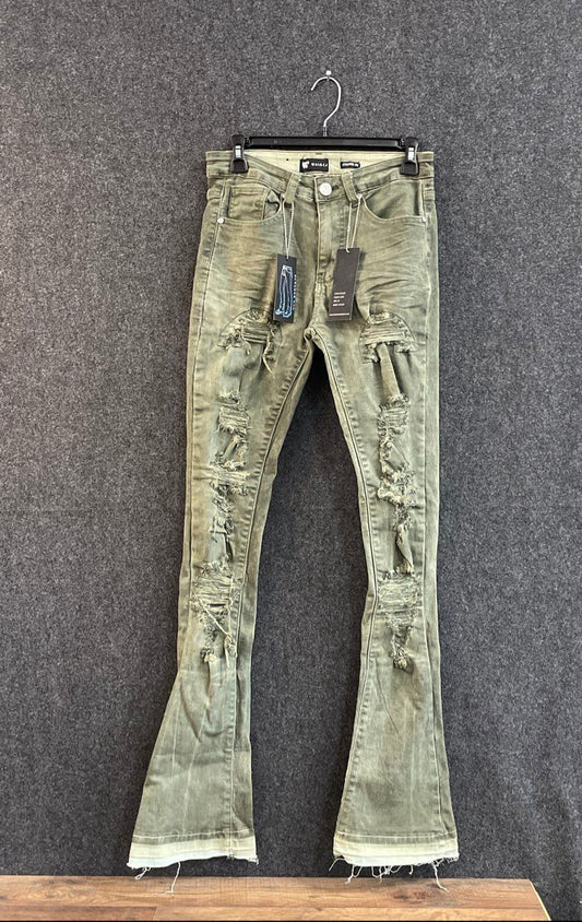 NWT Waimea Men's Green Distressed Ripped Flare Leg Jeans Size 28