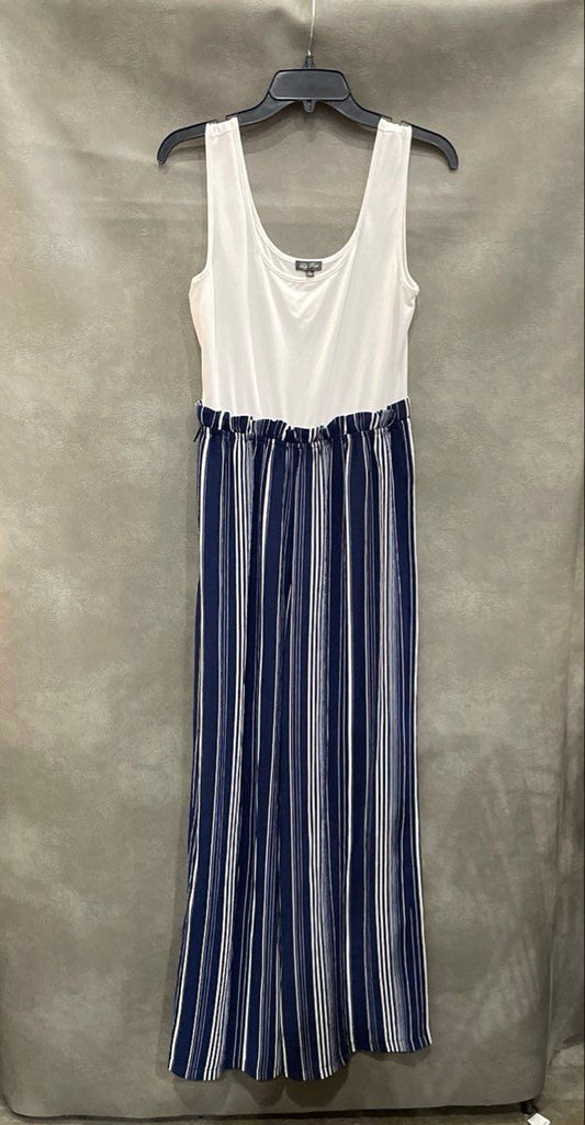 Lily Rose Women's Navy Blue Ivory Striped Wide Leg Sleeveless Jumpsuit Sz M