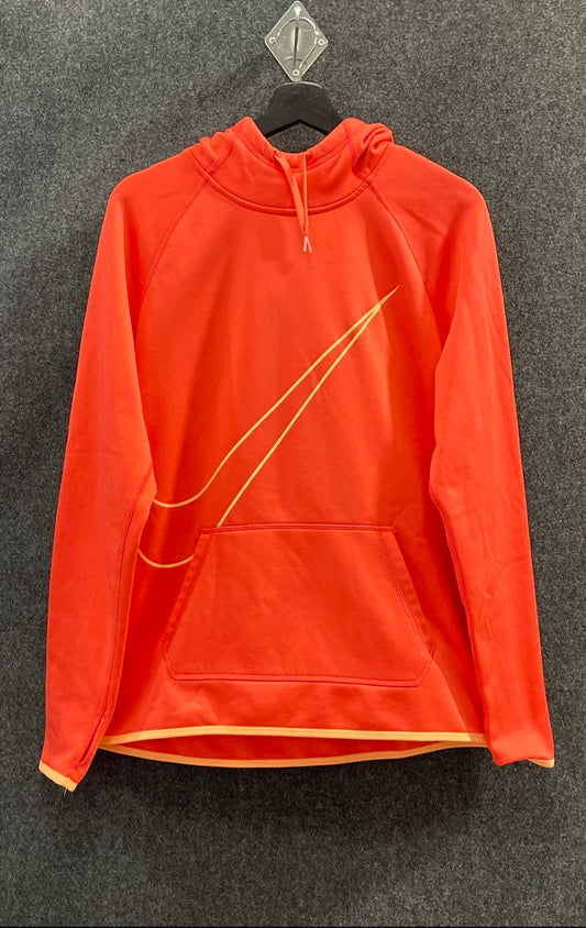 Nike Men's Orange Dri-FIT Pullover Hoodie Large Swoosh Outline Thumbholes Sz L