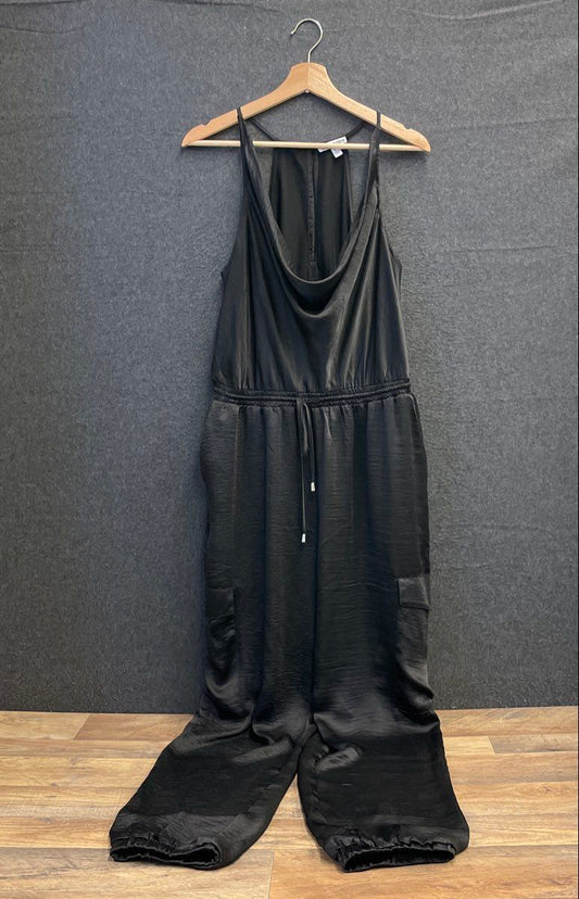 Steve Madden Women's Valencia Satin Cowl Neck Cargo Jumpsuit Black Sz L