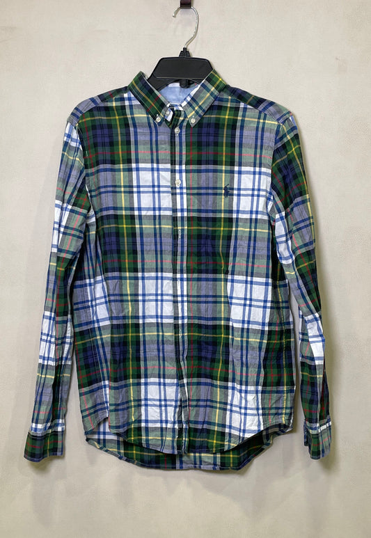 Ralph Lauren Boys Green Blue Plaid LS Button Down Shirt Pony Logo Sz XL 18-20