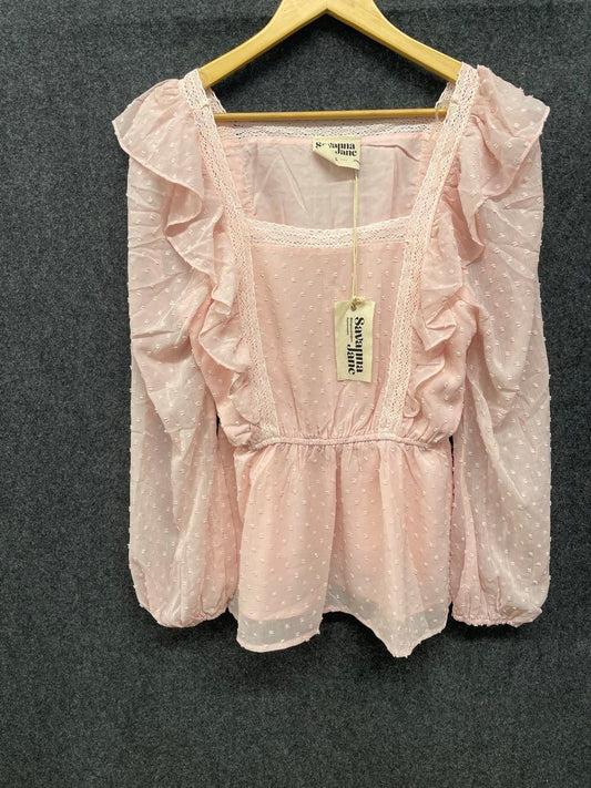 Savana Jane Women's Pink Swiss Dot Ruffle Square Neck Peplum Blouse Sz L NWT