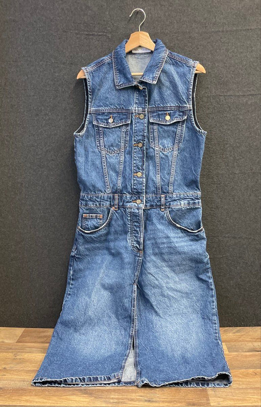Zara Women's Blue Denim Sleeveless Front Slit Button Midi Shirt Dress Size L
