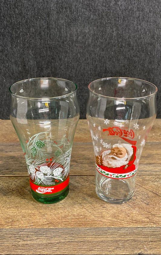 Vintage Coca-Cola Christmas Santa & Pine Cone Collectible Glasses Lot of 2
