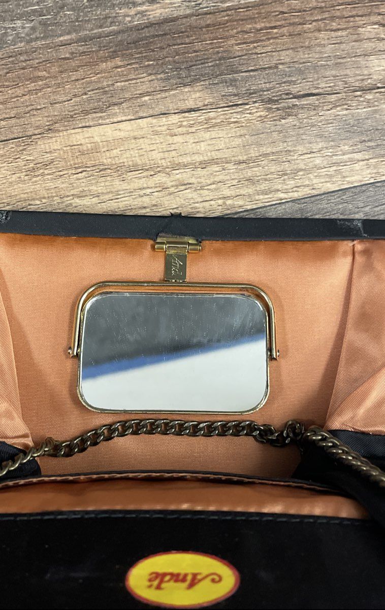 Vintage Ande Black Satin Evening Bag Clutch Gold Chain Amber Clasp Mirror
