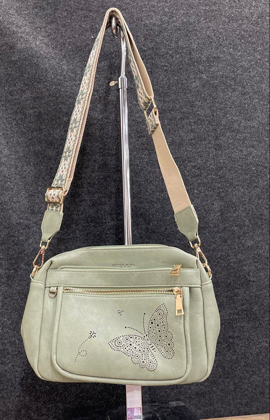 Kiteviun Sage Green Leather Butterfly Perforated Crossbody Bag Gold Hardware