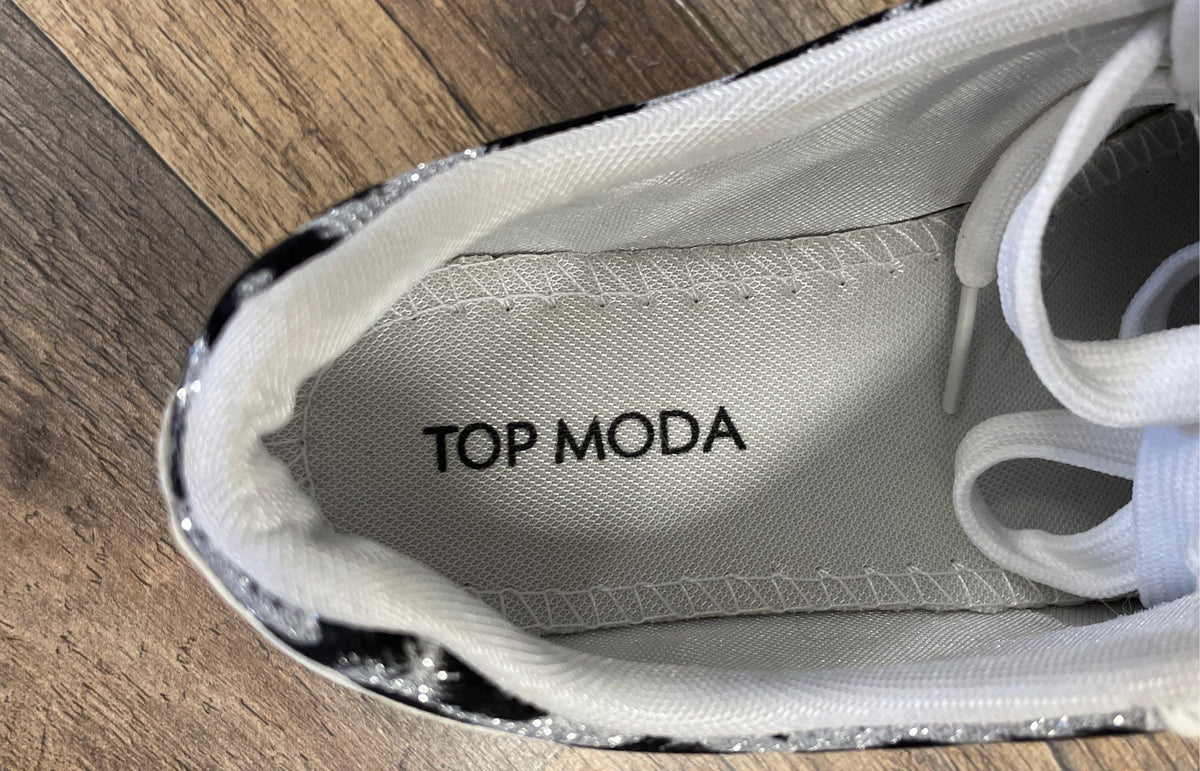 Top Moda White Rhinestone Metallic Leopard Print Platform Sneakers Size 6.5