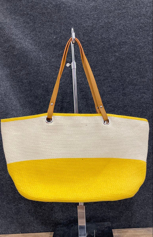 Yellow White Woven Color Block Large Tote Beach Shoulder Bag Silver Hardware