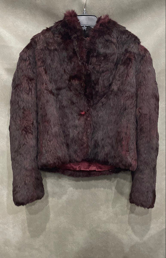 Vintage Niki Women's Burgundy Real Fur Coat Rayon Lining Made in HK Sz L