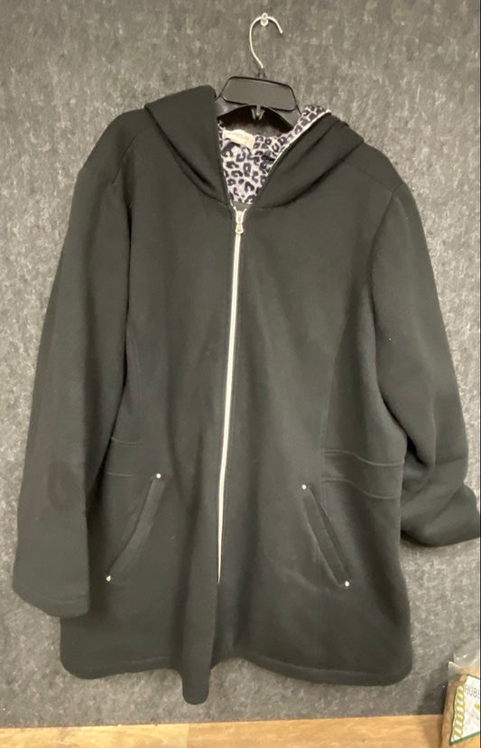 Avenue Women's Black Hooded Jacket Leopard Print Lining Full Zip Fleece Sz 26/28