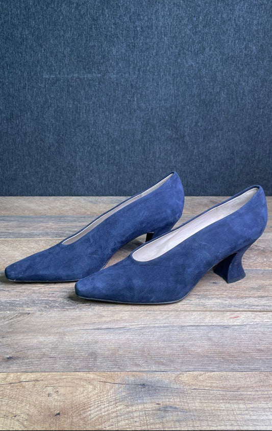 Vintage 90s Via Spiga Navy Blue Suede Pointed Toe Heeled Pumps Size 9.5 AA