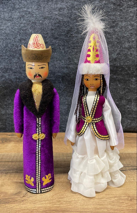 Vintage Hand Painted Azerbaijani National Folk Art Wooden Doll Figurine Pair