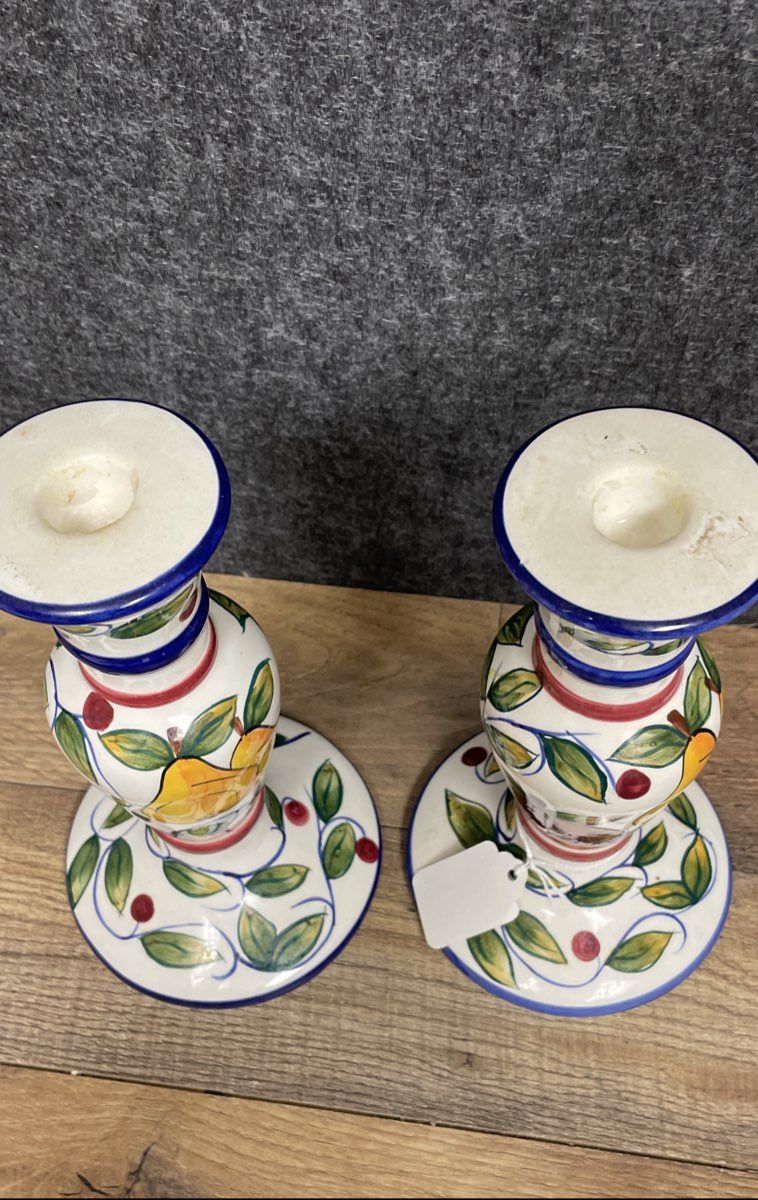 Bella Casa Ceramic Candle Holder Set Hand Painted