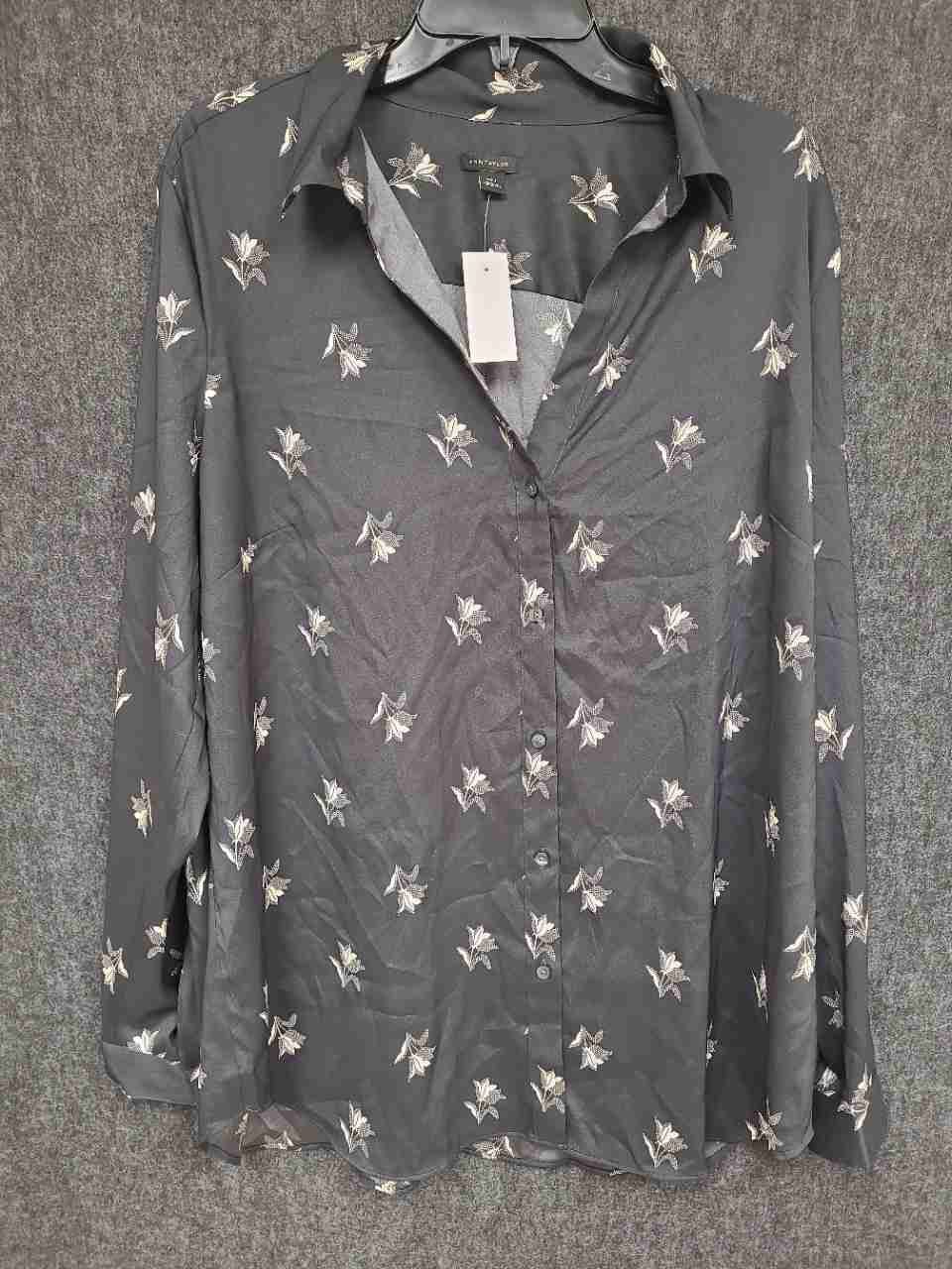 Ann Taylor Women's Black Floral Print Long Sleeve Button Down Blouse Sz XXLT NWT