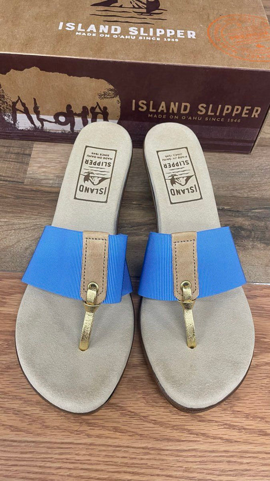 Island Slipper T810 Blue Gold Elastic Thong Wedge Sandals Women's Size 10