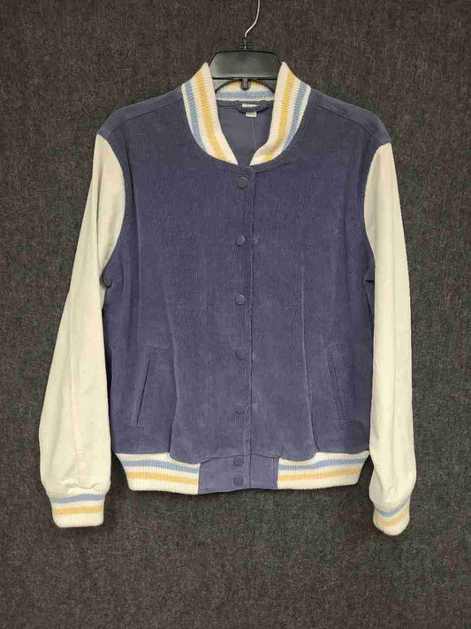 Aerie Women's Blue Corduroy Varsity Bomber Jacket Striped Ribbed Trim Sz S