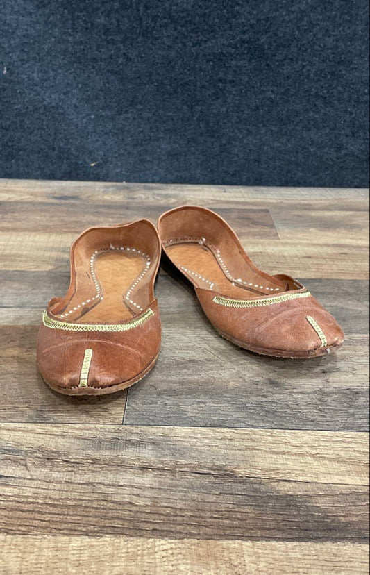 Handmade Brown Leather Khussa Jutti Ethnic Embroidered Flats Women's Size 9