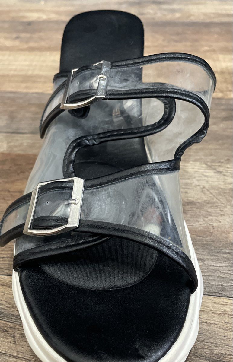 Black White Clear PVC Double Buckle Architectural Heel Platform Sandals Size 12