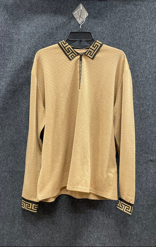 Suslo Couture Men's Brown Quarter Zip Pullover Greek Key Trim Shirt Sz 3XL