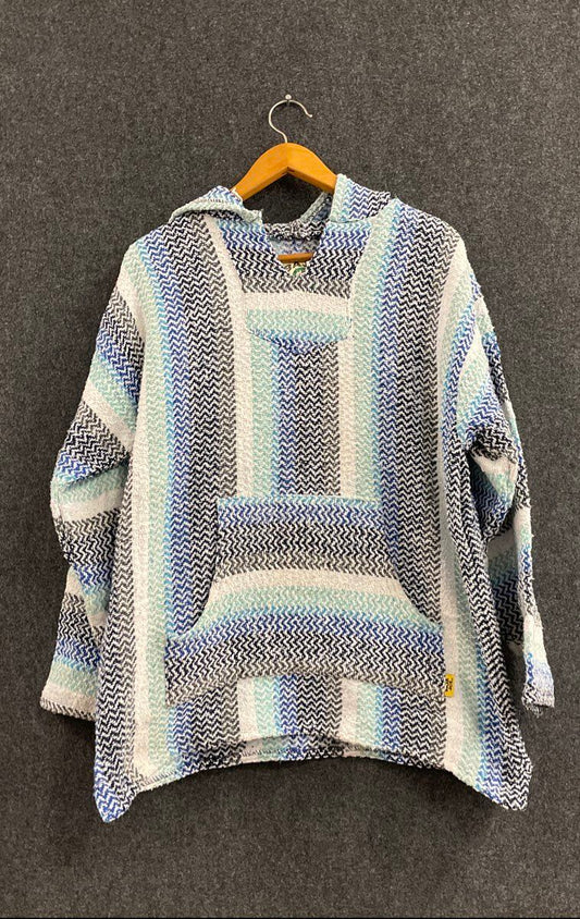 Baja Joe Men's Blue White Striped Mexican Baja Poncho Hoodie Pullover Sz XXL