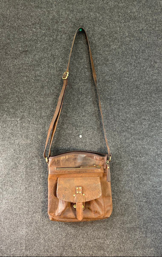 Vintage Brown Leather Tooled Floral Crossbody Bag Brass Hardware Bohemian
