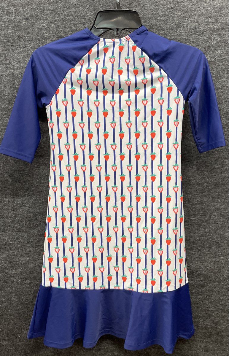 TRY Girls Strawberry Print Swim Cover Up Ruffled Tier Navy Blue Red NWT Sz 8