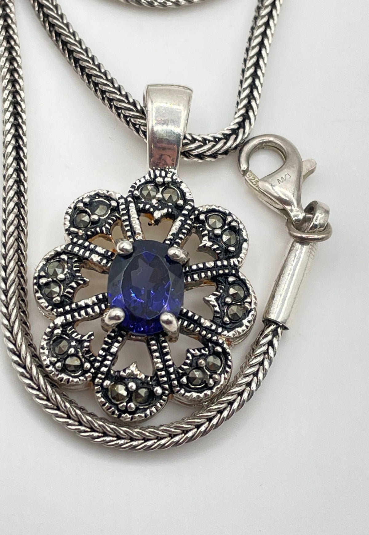 925 Sterling Silver Blue CZ Marcasite Accent Pendant Necklace 16g *Damaged*