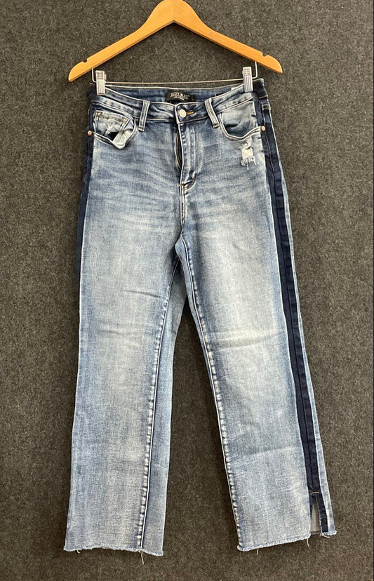 Judy Blue Women's Straight Leg Jeans Light Blue Dark Side Stripe Raw Hem Sz 9/29