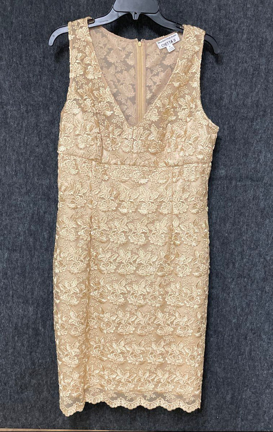 Chetta B Women's Gold Floral Lace Sleeveless Sheath Cocktail Dress Sz 14