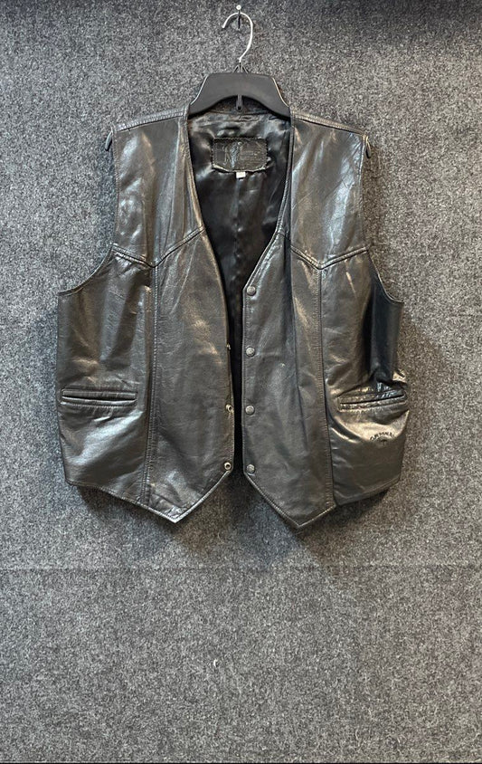 Vintage 90s Branded Garments Men's Black Leather Snap Front Camel Vest Sz XL