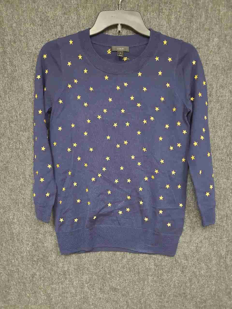 J. Crew Women's Navy Blue Star Embroidered Merino Wool Crewneck Sweater Sz XS