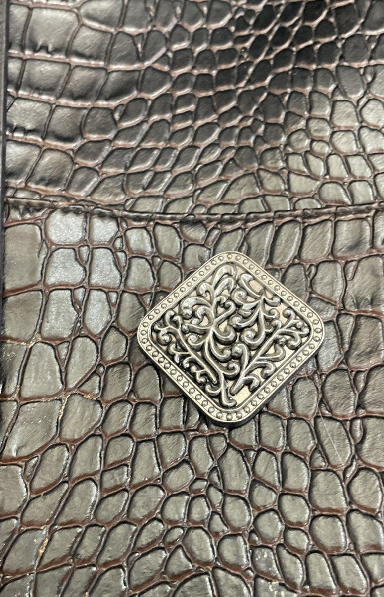 Coldwater Creek Brown Croc Embossed Leather Tote Bag Silver Hardware