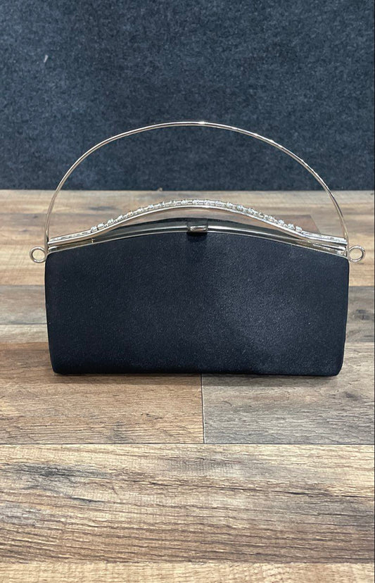 Unbranded Black Satin Evening Clutch Bag Rhinestone Trim Silver Tone Hardware