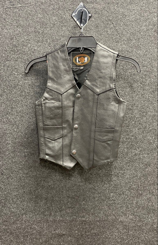 IK Men's Black Biker Motorcycle Western Snap Front Leather Vest Sz M