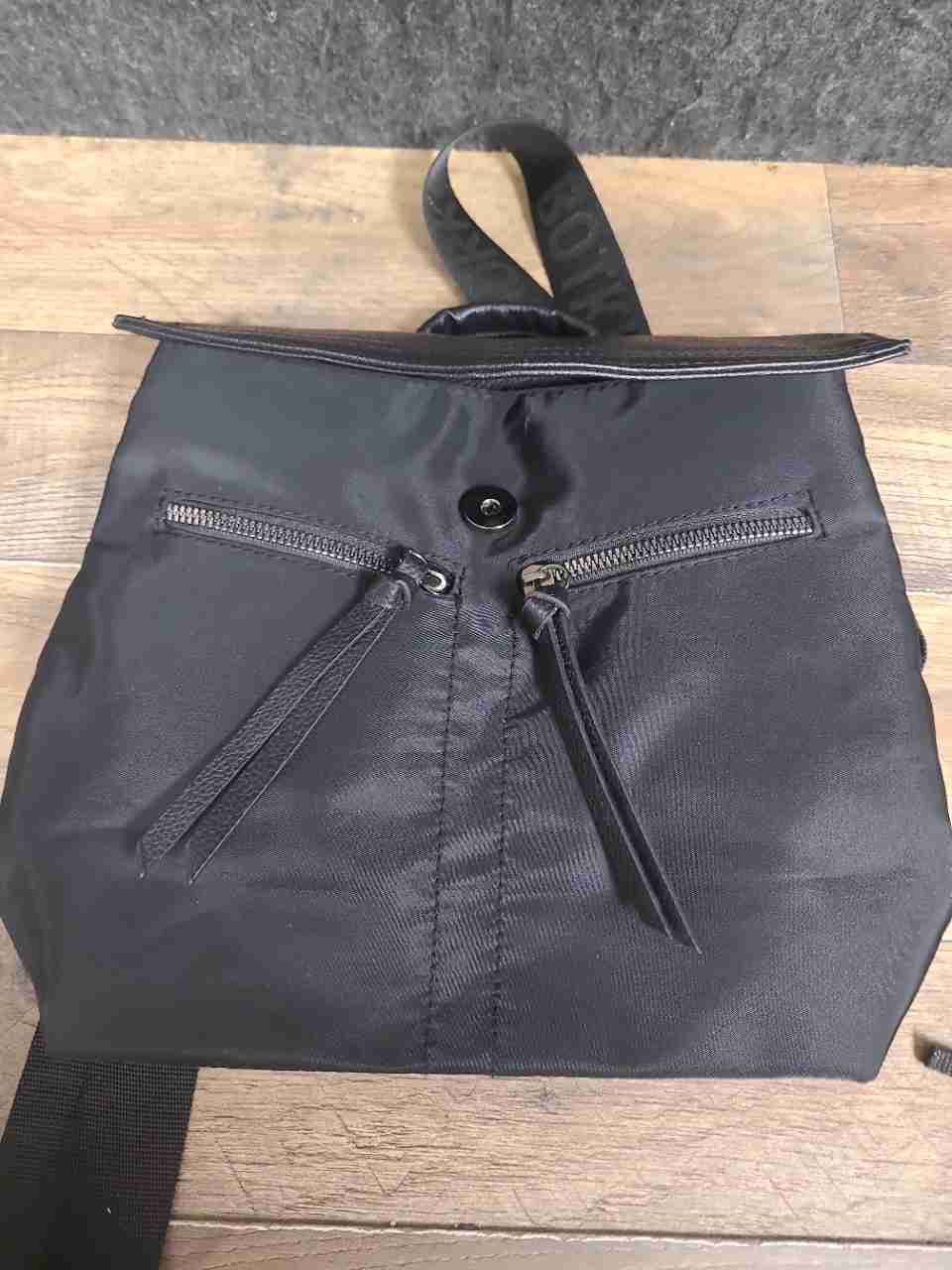 Botkier New York Black Nylon and Leather Trim Backpack Bag Logo Straps